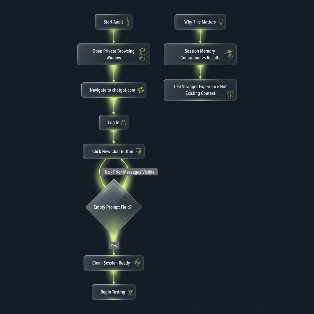 Flowchart tracing steps to open a clean ChatGPT session using private browsing