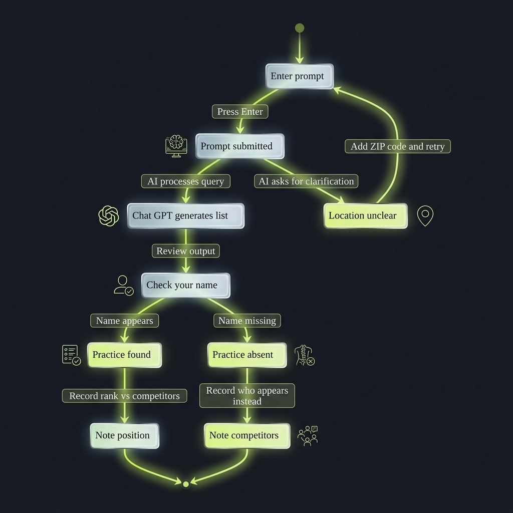 State diagram tracing ChatGPT local search results from prompt entry to practice visibility outcome