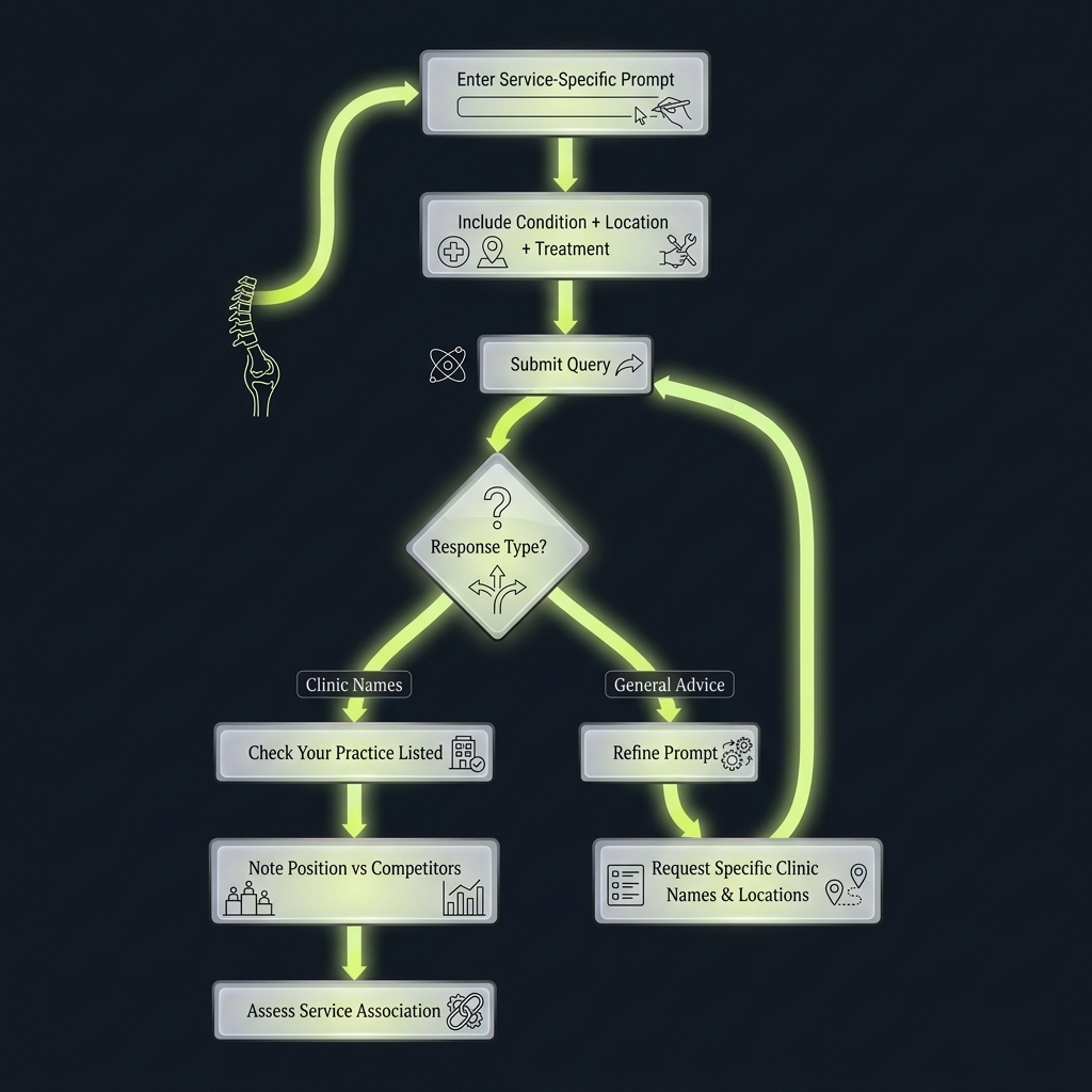 Flowchart tracing service-specific AI search ranking testing with prompt refinement loop