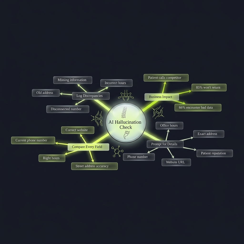 Mindmap of AI hallucination verification steps and business impact metrics