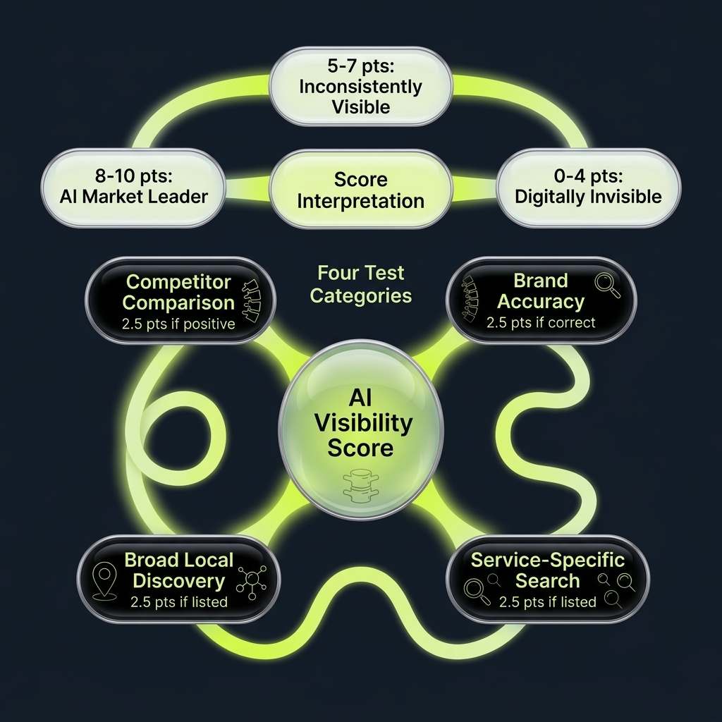 Mindmap of AI visibility score calculation across four test categories and result tiers