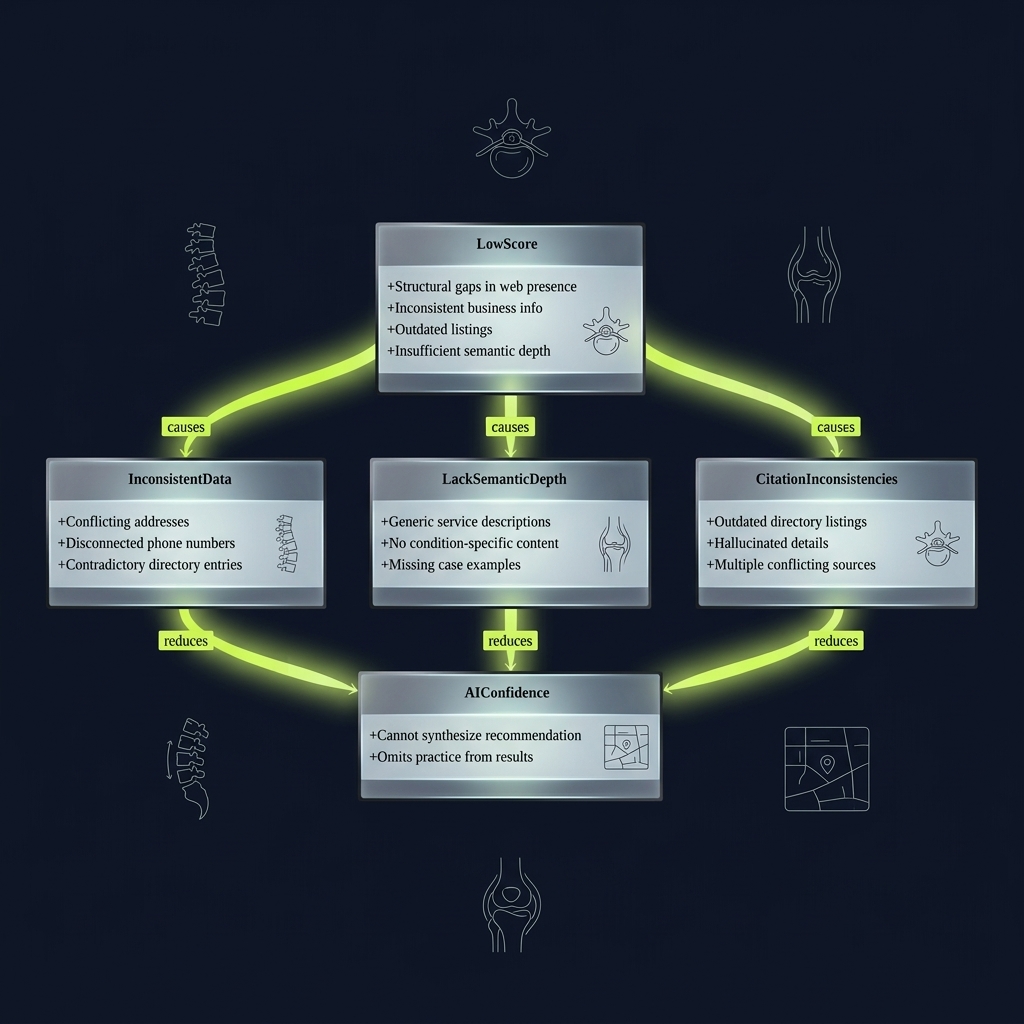 Class diagram linking low assessment scores to four root causes of web presence gaps