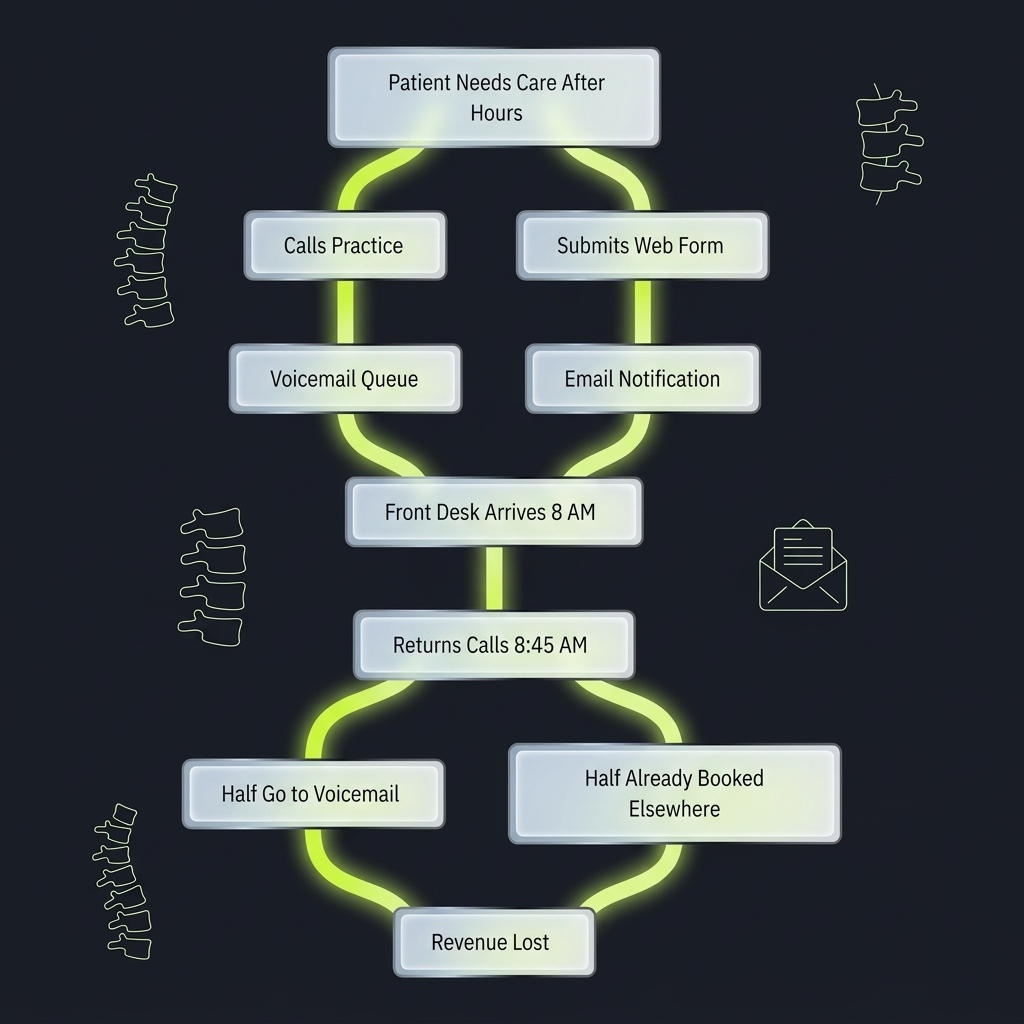 Flowchart tracing patient contact pathways to revenue loss in chiropractic practices