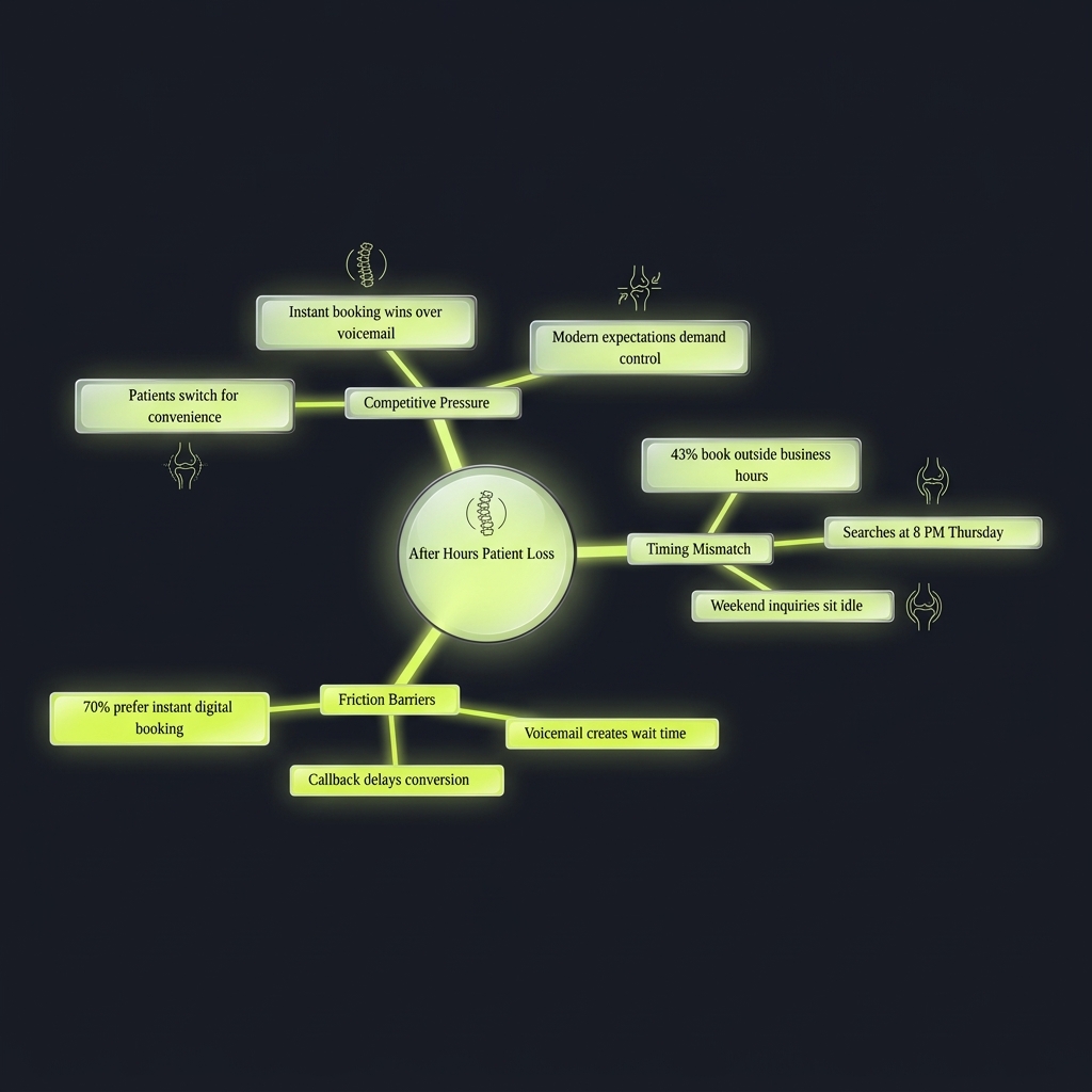 Mindmap of three factors contributing to after-hours patient loss