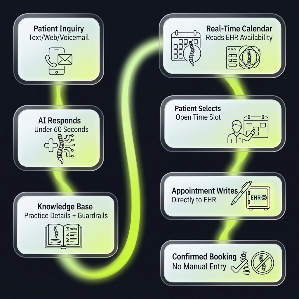 Flowchart tracing AI appointment booking from patient inquiry through confirmed EHR entry