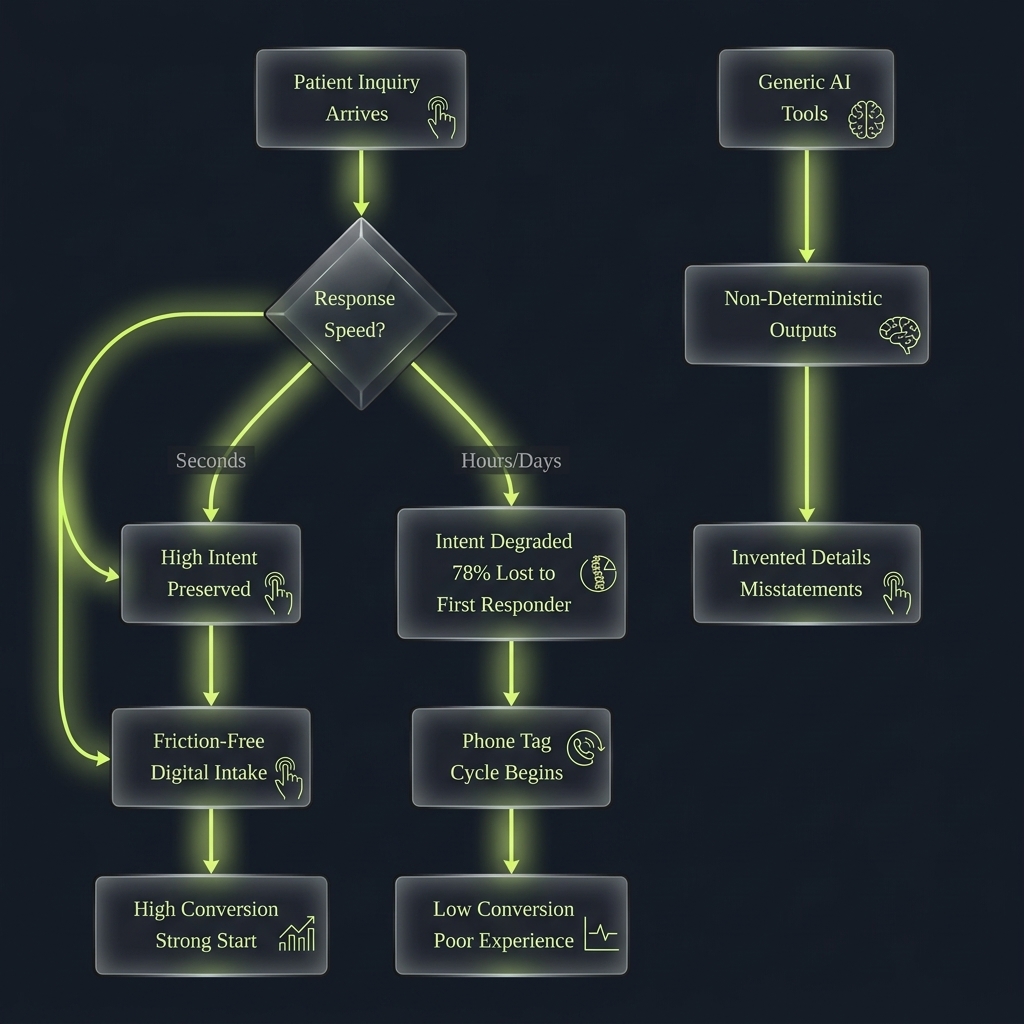 Flowchart comparing patient response speed outcomes and AI tool reliability in appointment booking