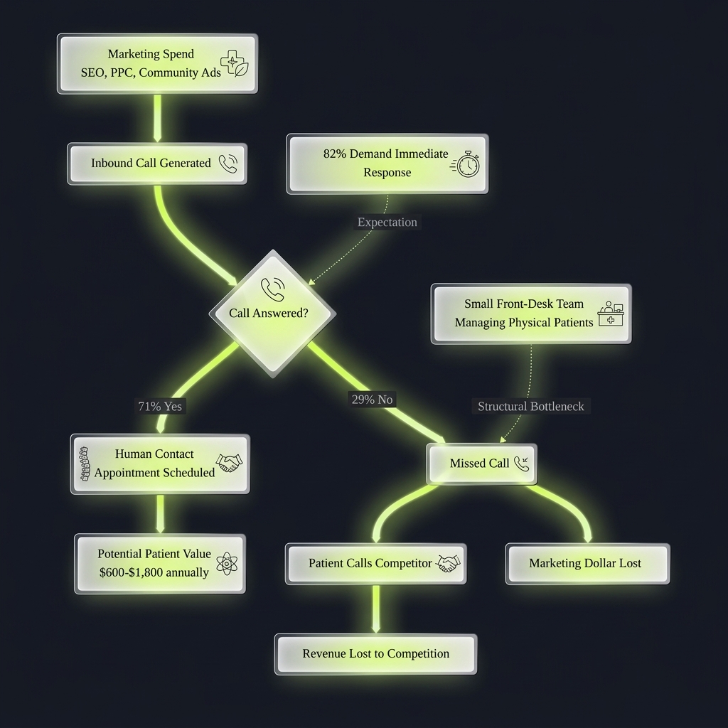 Flowchart tracing call handling outcomes from marketing spend to revenue impact