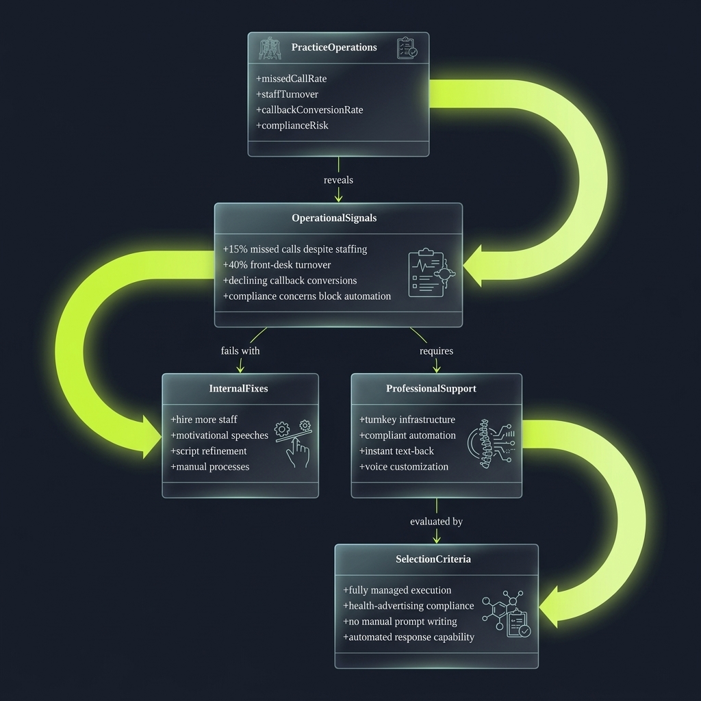 Class diagram linking practice operational signals to internal fixes versus professional support