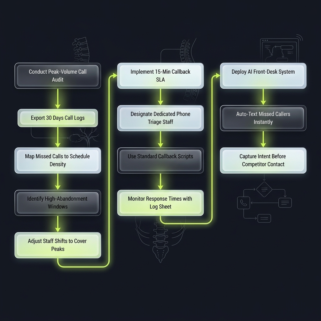 Flowchart mapping three parallel strategies to reduce missed calls in chiropractic practices
