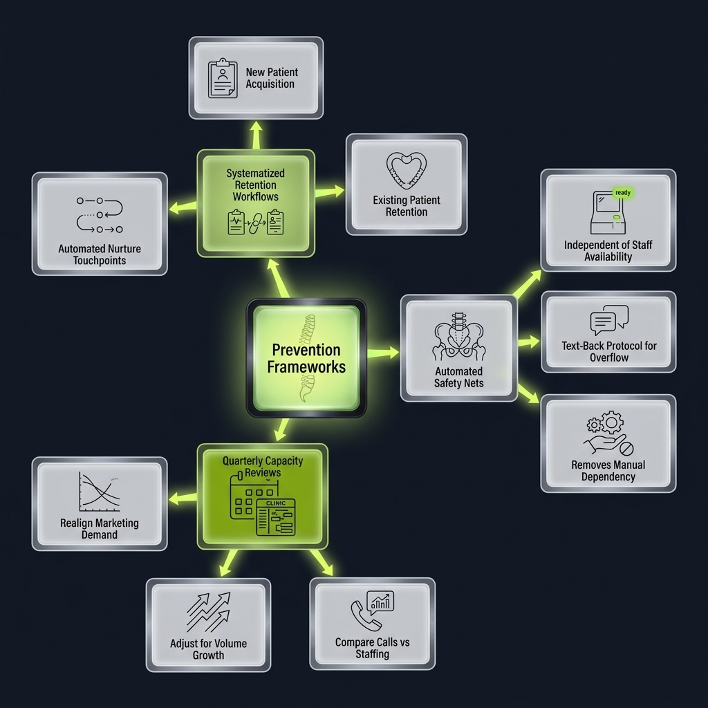 Mindmap of three prevention frameworks for reducing missed calls in chiropractic practices