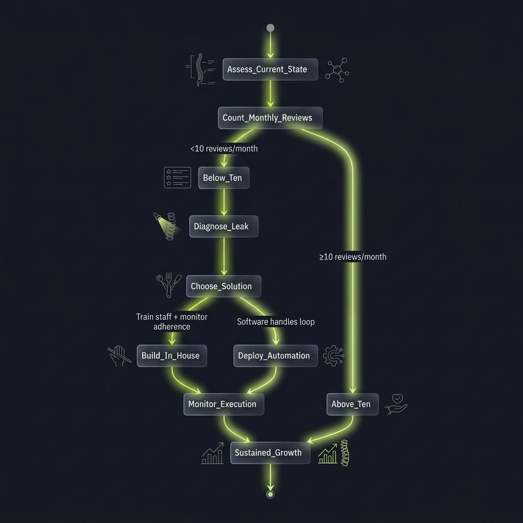 State diagram branching review generation strategy based on monthly volume