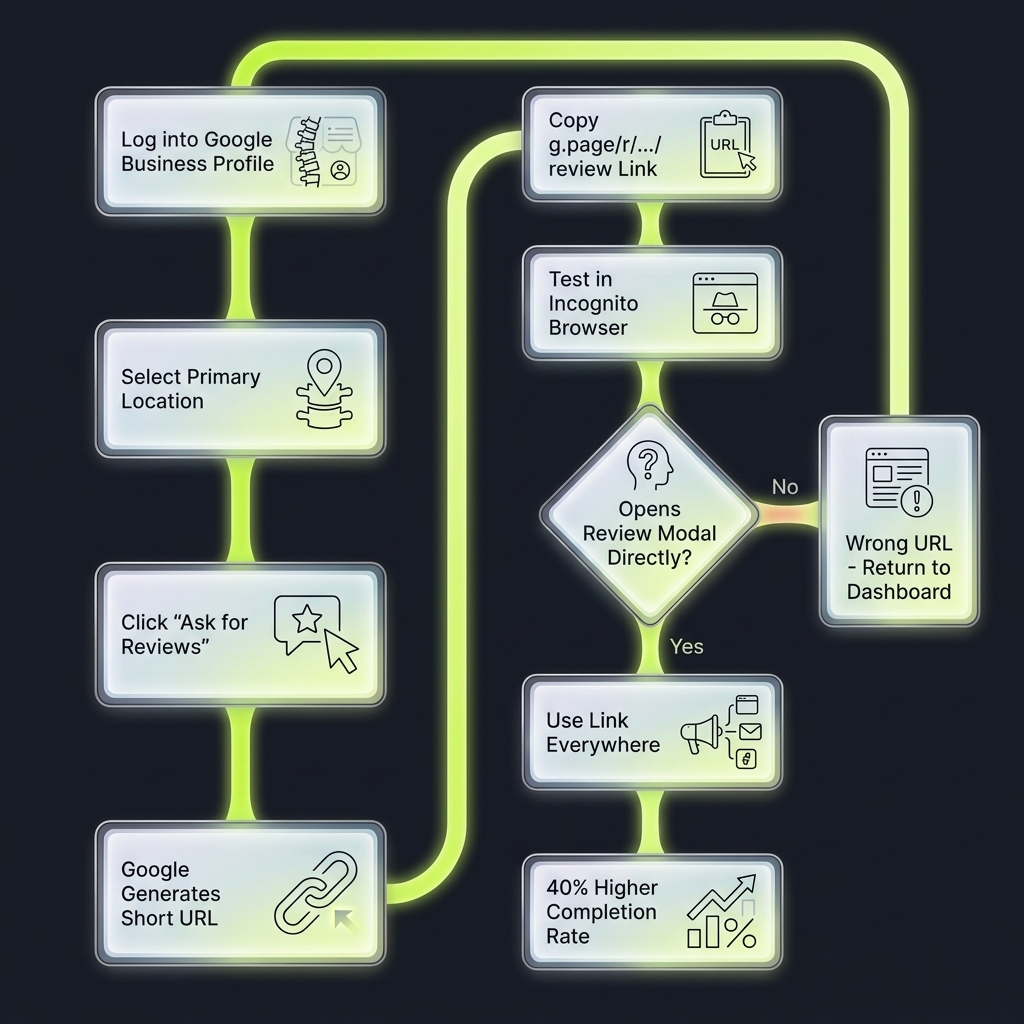 Flowchart tracing steps to generate and test a Google Business Profile review link