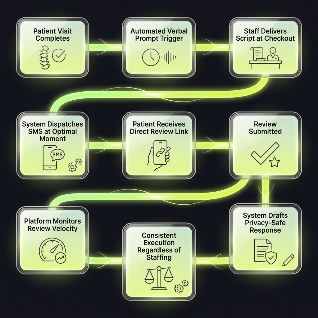 Flowchart tracing automated patient review request workflow from visit completion to submission