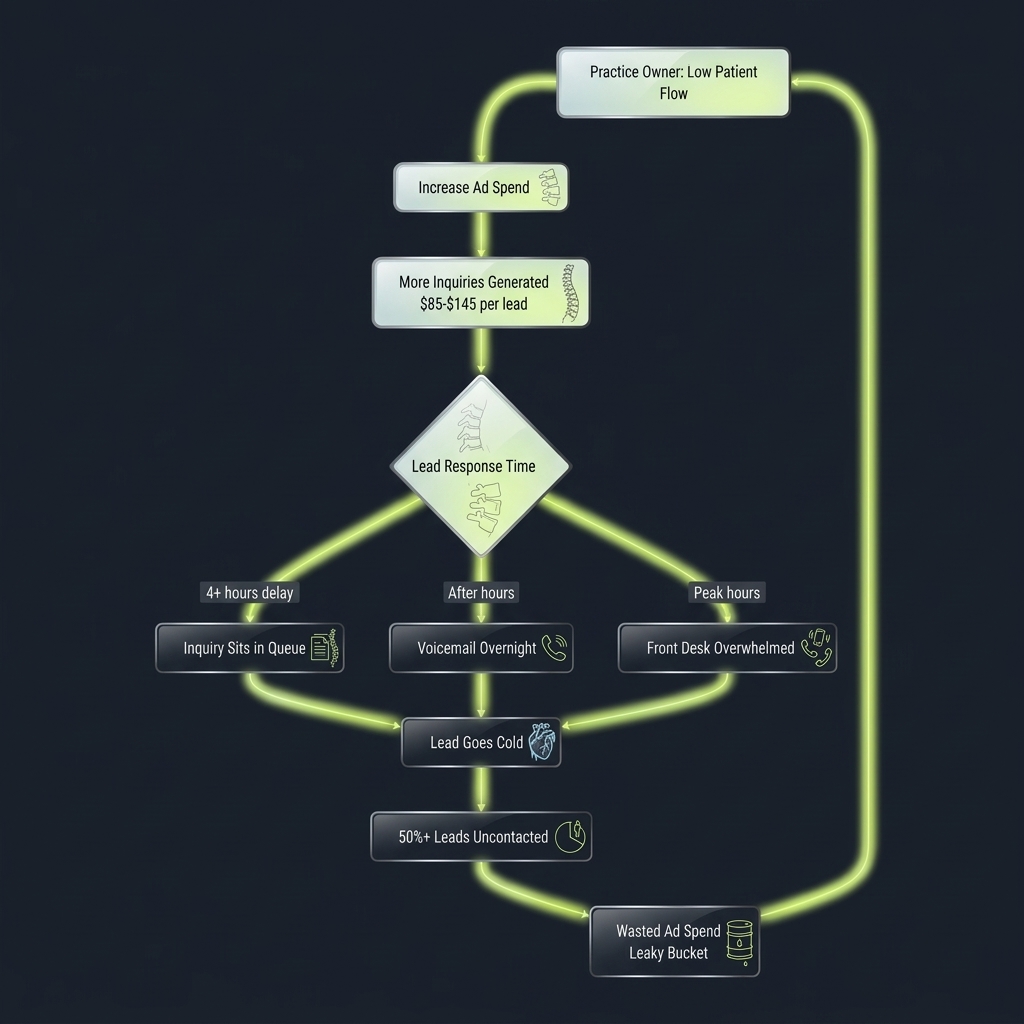 Flowchart tracing how delayed lead response creates a cycle of wasted ad spend