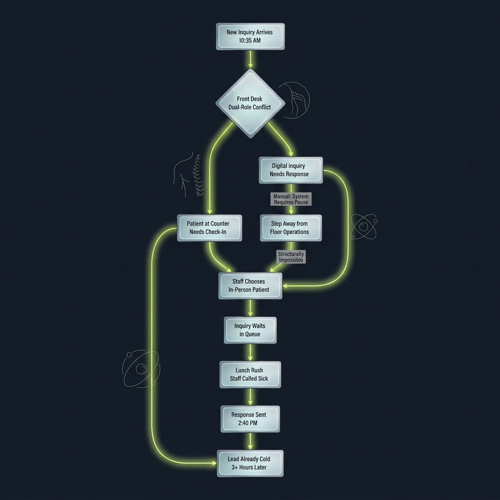 Flowchart tracing how front desk dual-role conflict delays medical inquiry response