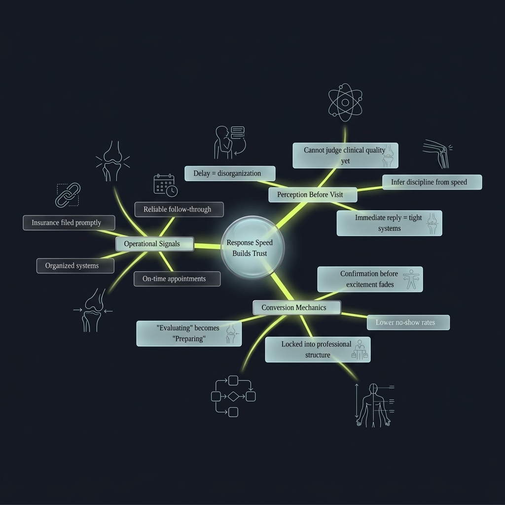 Mindmap of how response speed builds trust through operational signals and conversion mechanics