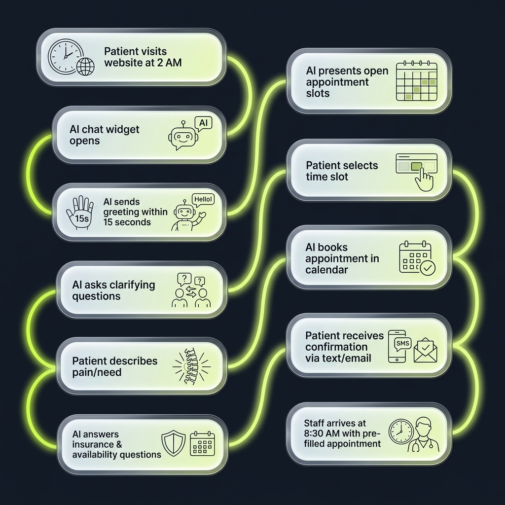Flowchart tracing AI front desk appointment booking workflow from patient inquiry to staff handoff