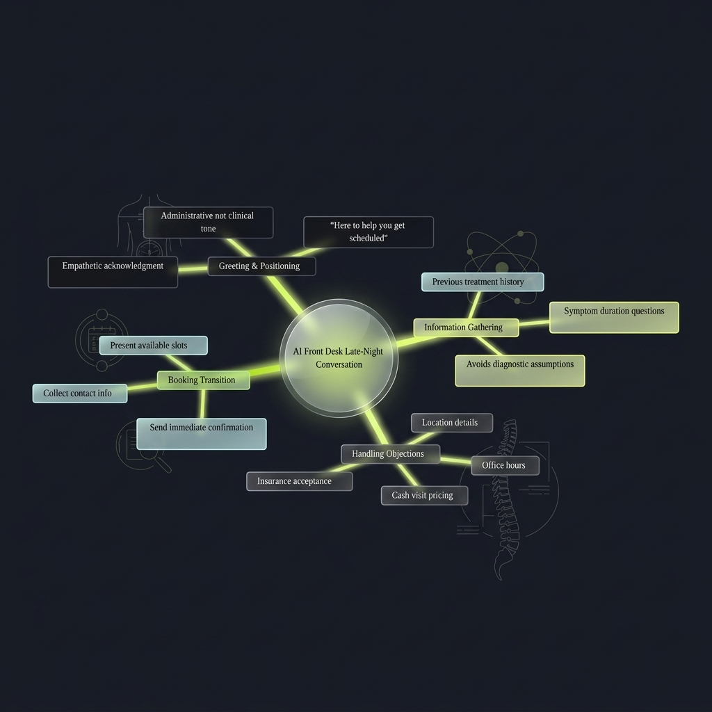 Mindmap of AI front desk late-night conversation structure and response pathways