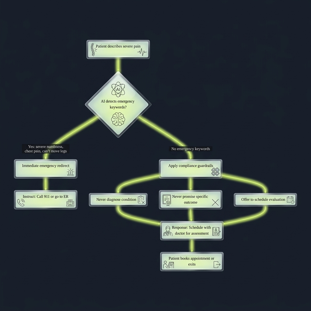 Flowchart branching AI triage decisions for severe patient pain at night