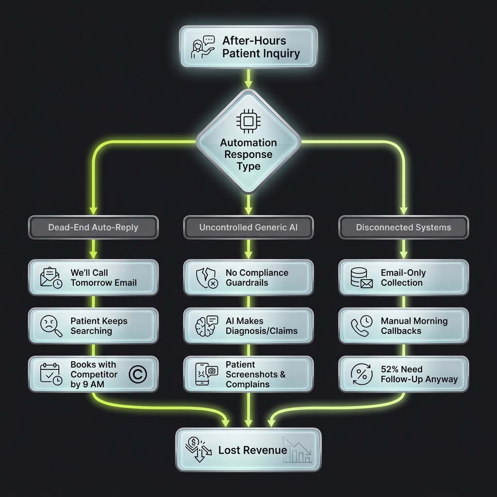 Flowchart branching after-hours automation responses into three failure paths leading to lost revenue