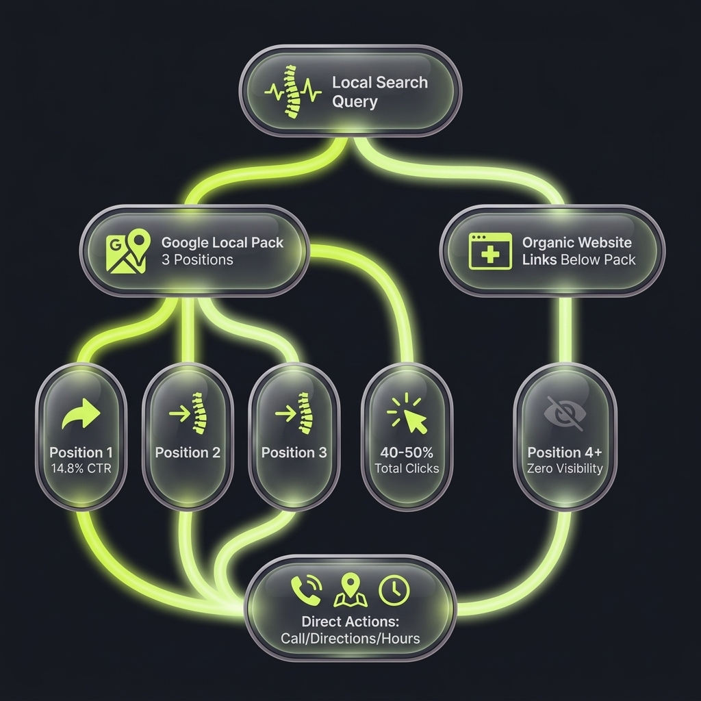 Flowchart comparing Google Local Pack positions to organic search visibility and click distribution
