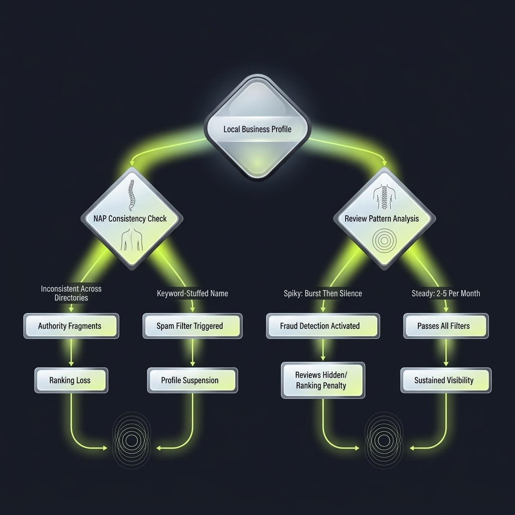 Flowchart tracing local search visibility errors from business profile to ranking loss or suspension