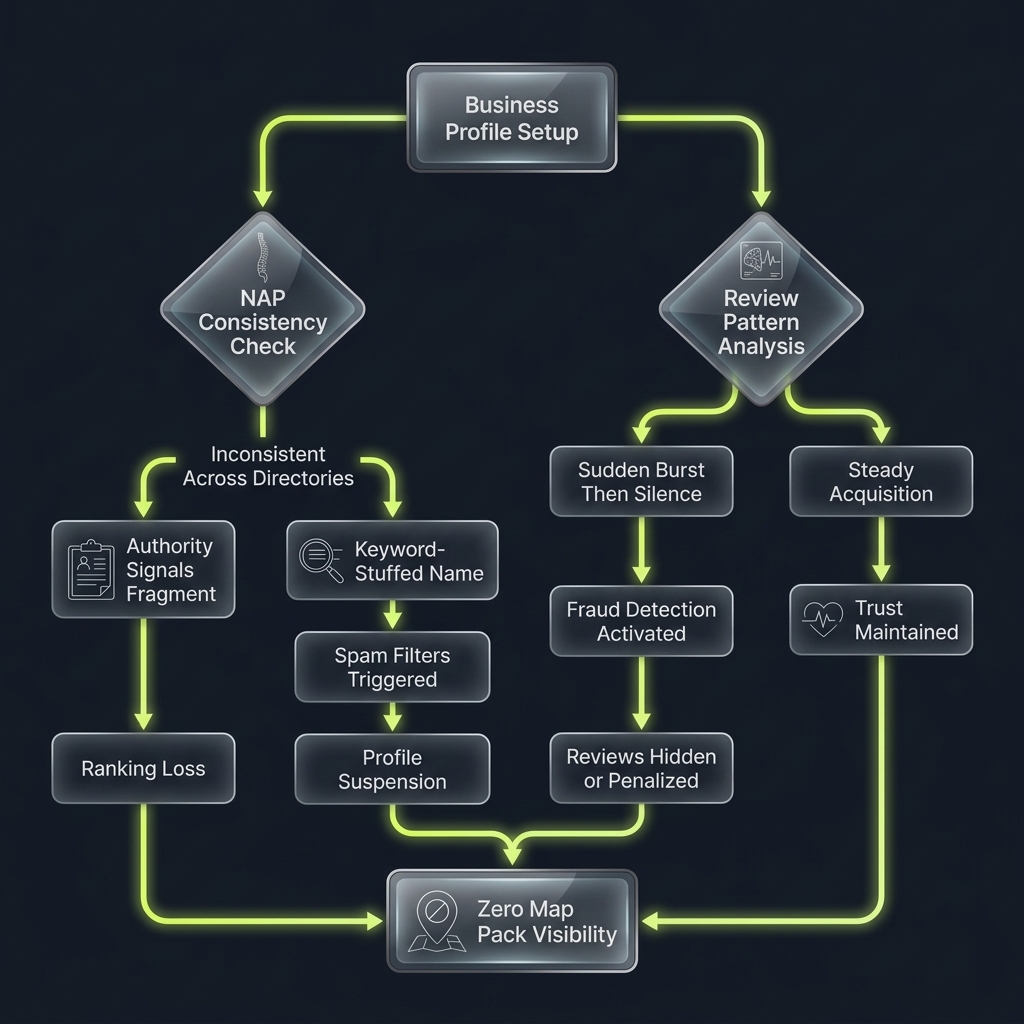 Flowchart tracing local search visibility errors from business profile setup to map pack invisibility
