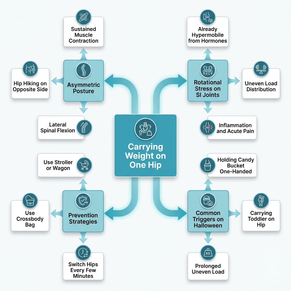 Halloween While Pregnant: Costumes, Comfort and Candy Walks Mindmap of sacroiliac joint strain causes from asymmetric weight-carrying during pregnancy