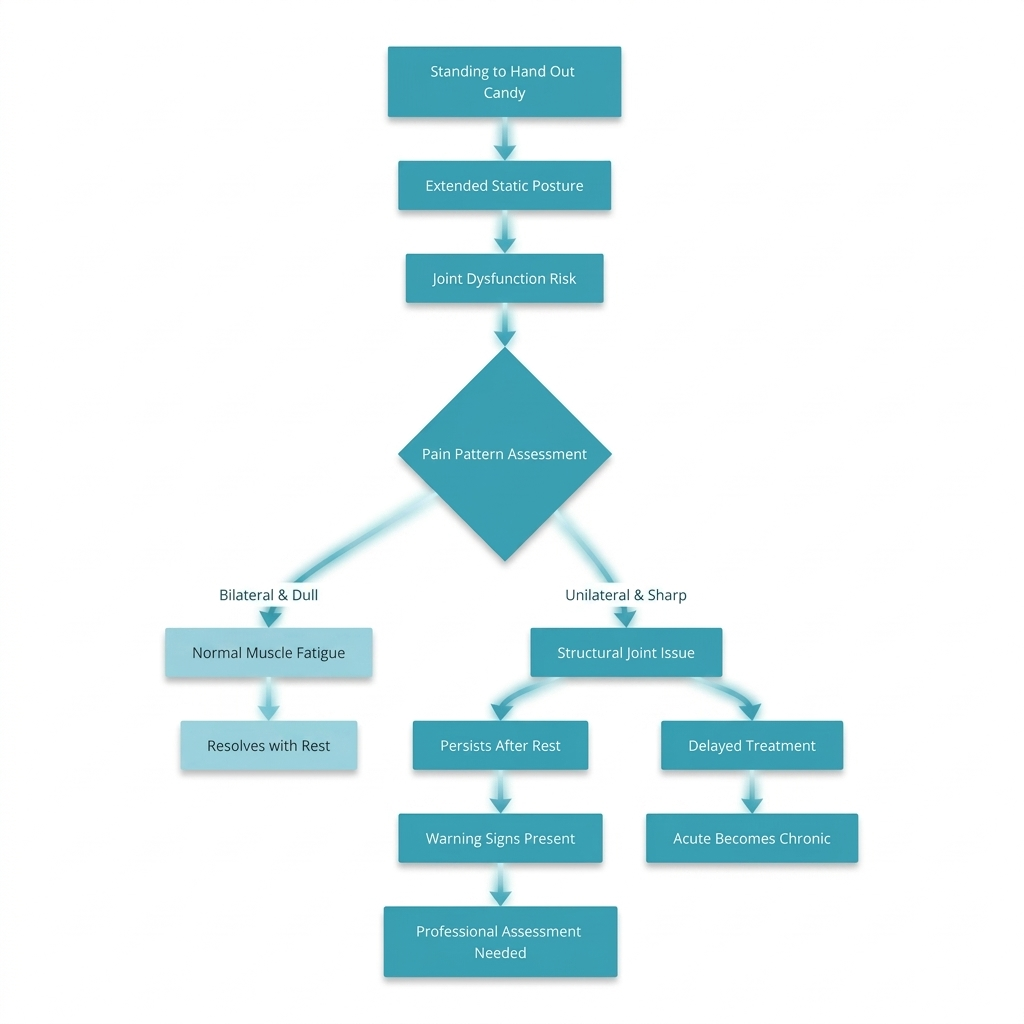 Halloween While Pregnant: Costumes, Comfort and Candy Walks Flowchart tracing pain assessment pathways from standing posture to professional care