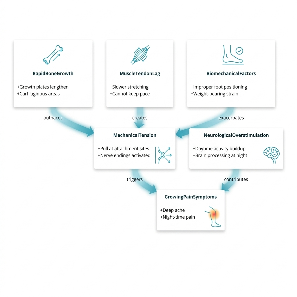 Class diagram linking rapid bone growth and muscle lag to growing pain symptoms