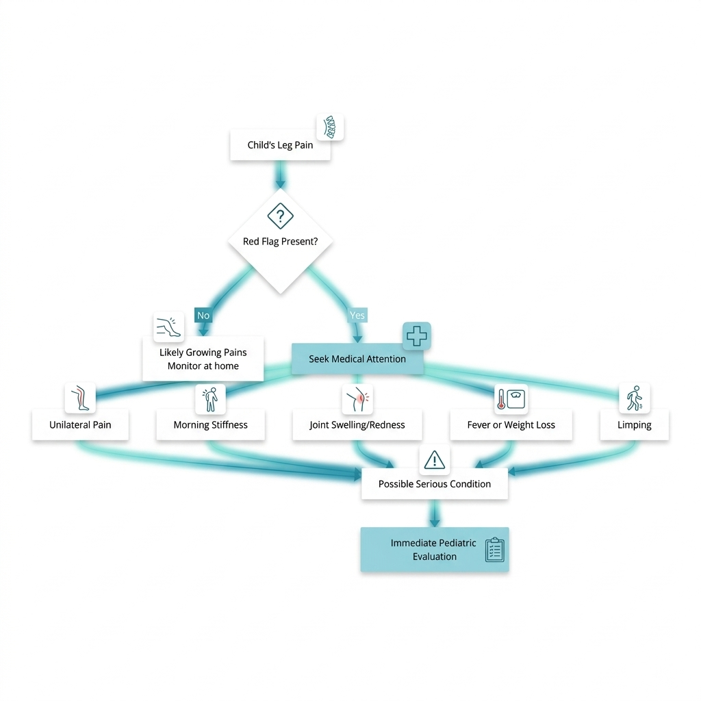 Flowchart branching from child's leg pain into red flag assessment and serious condition evaluation
