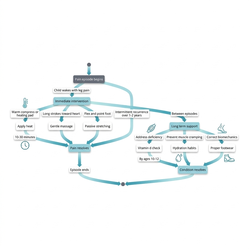 State diagram tracing growing pain episodes from onset through immediate and long-term management