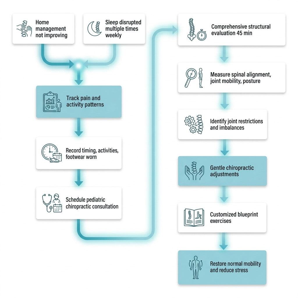 Flowchart tracing decision pathway from home management to pediatric chiropractic care