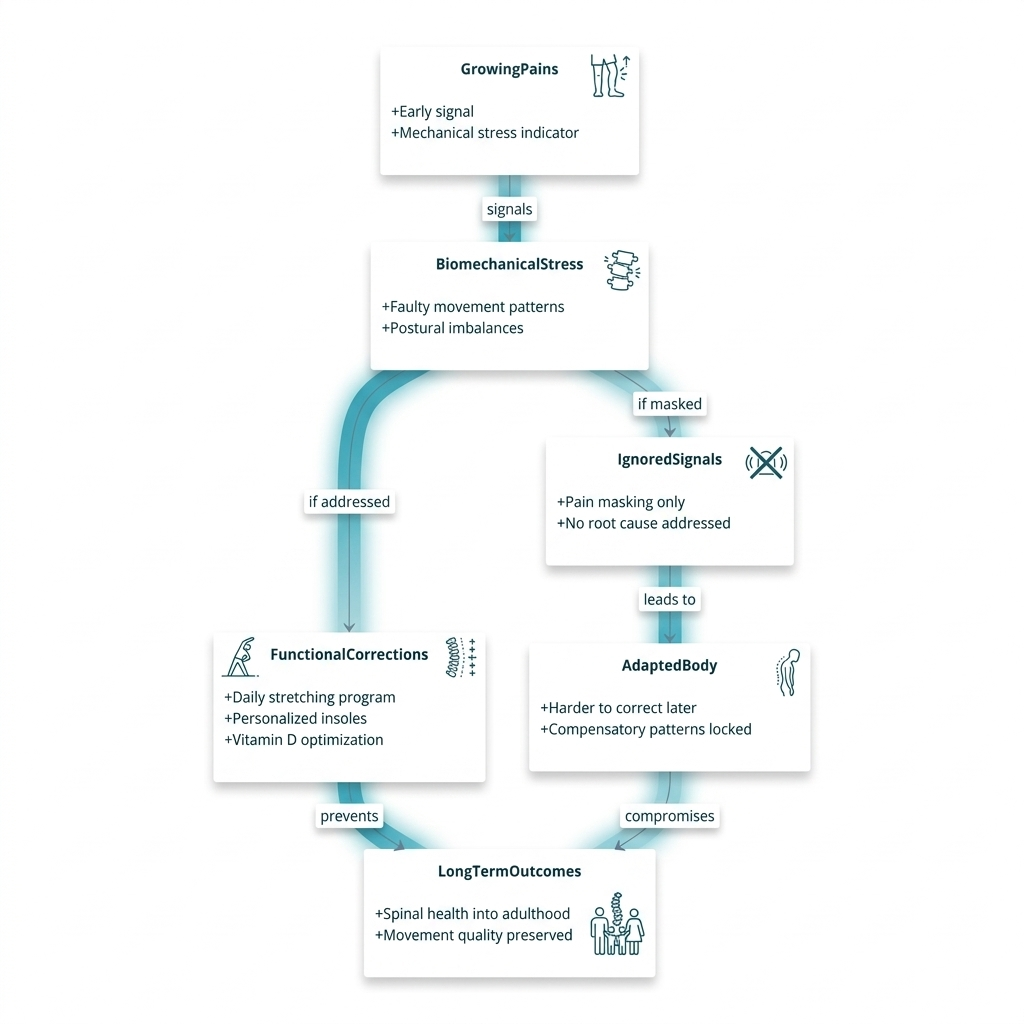 Class diagram linking growing pain signals to biomechanical stress and long-term outcomes