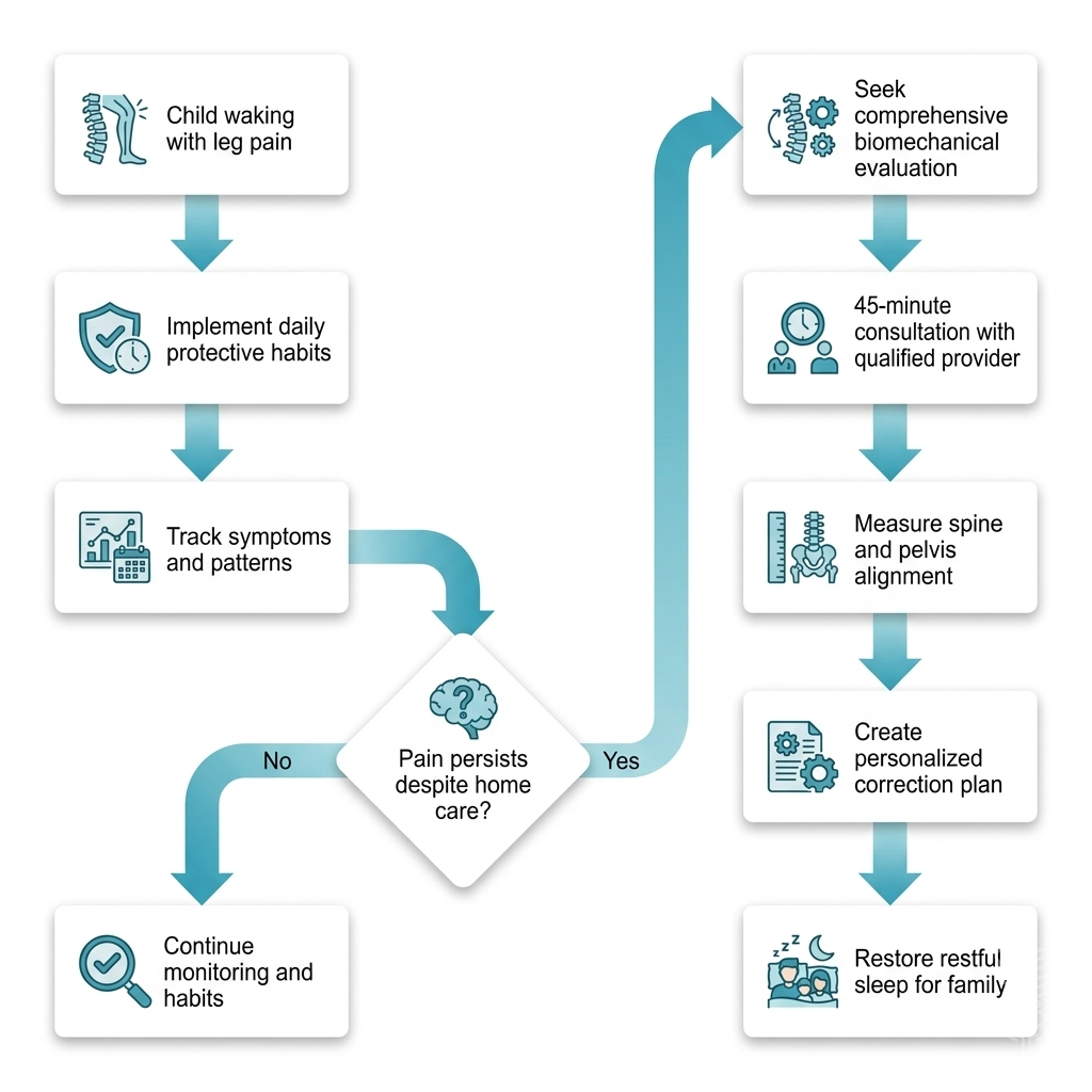 Flowchart tracing decision pathway from growing pain symptoms to professional biomechanical evaluation